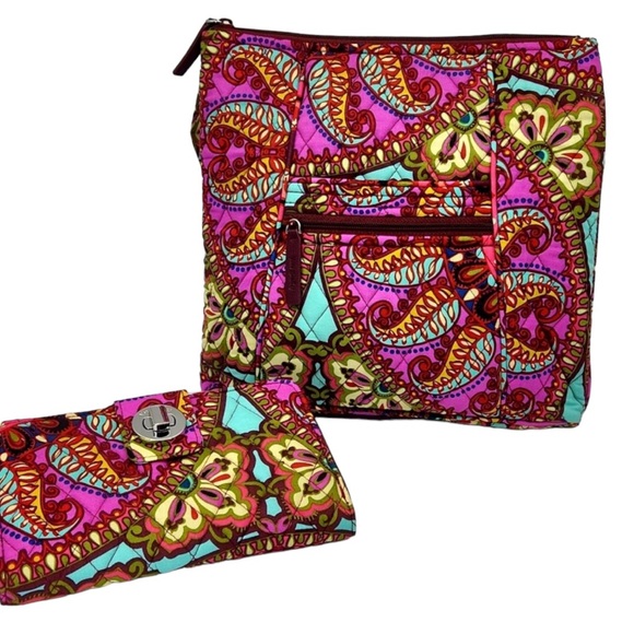 Vera Bradley Two Piece Crossbody Bag & Matching Wallet Set Fuchsia Blue … - Picture 2 of 13